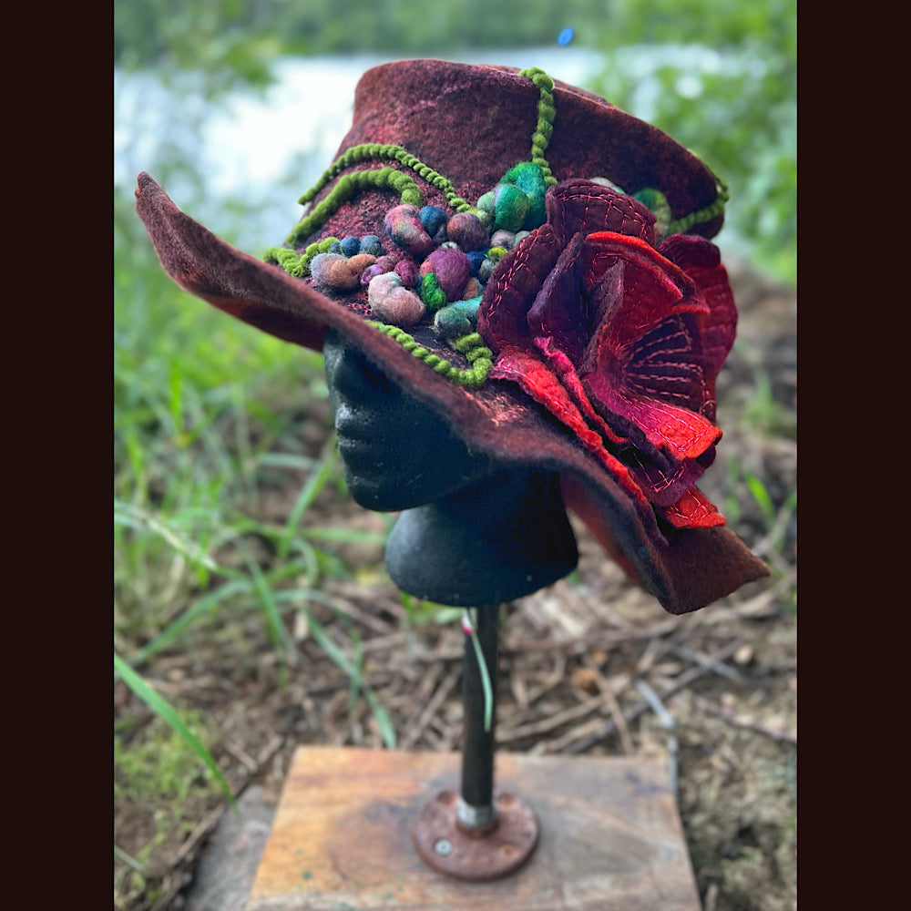 Felted top hat with rose 24” medium large