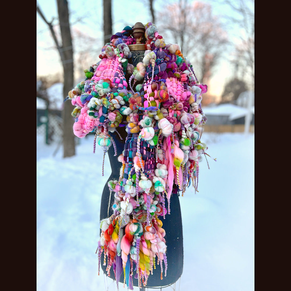 Frosted primroses woven art yarn Scarf 102” X 8” 1.6 pound!