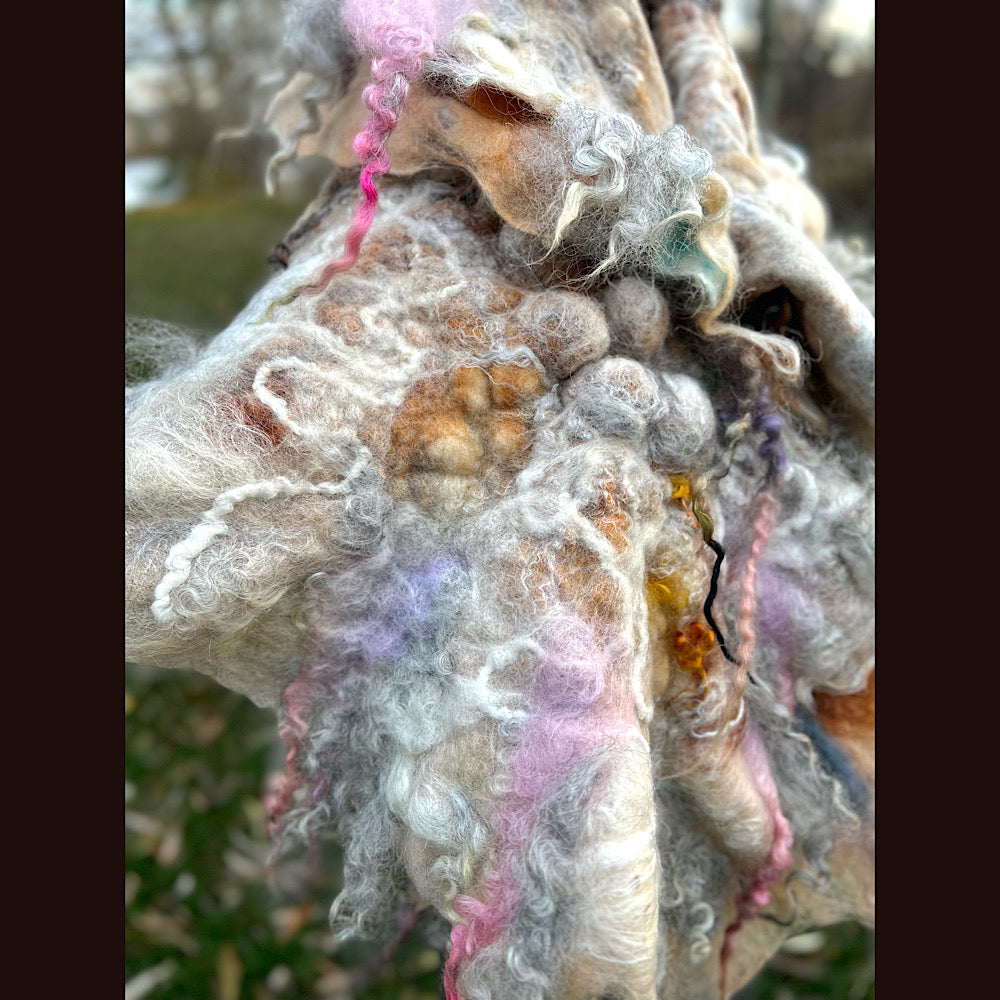 L’Esprit du bois 2024  felted shawl 72” X 22”