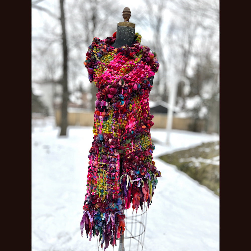 Happiness-  Woven art yarn Scarf 90” X 10”