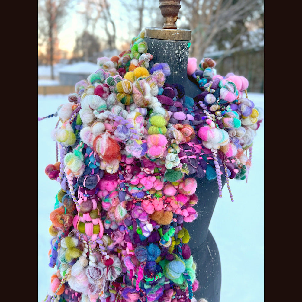 Frosted primroses woven art yarn Scarf 102” X 8” 1.6 pound!