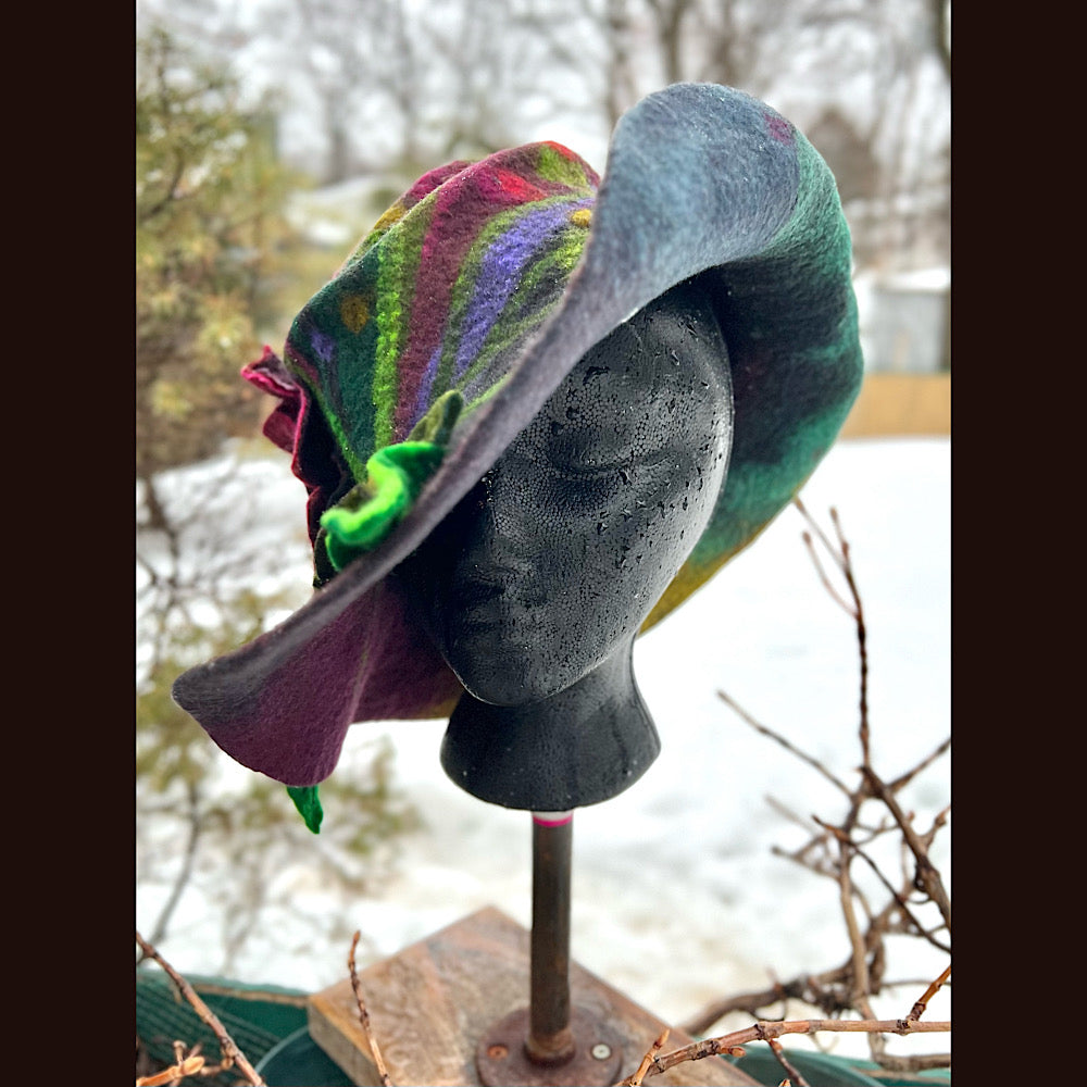 Felted top hat with rose 23” medium