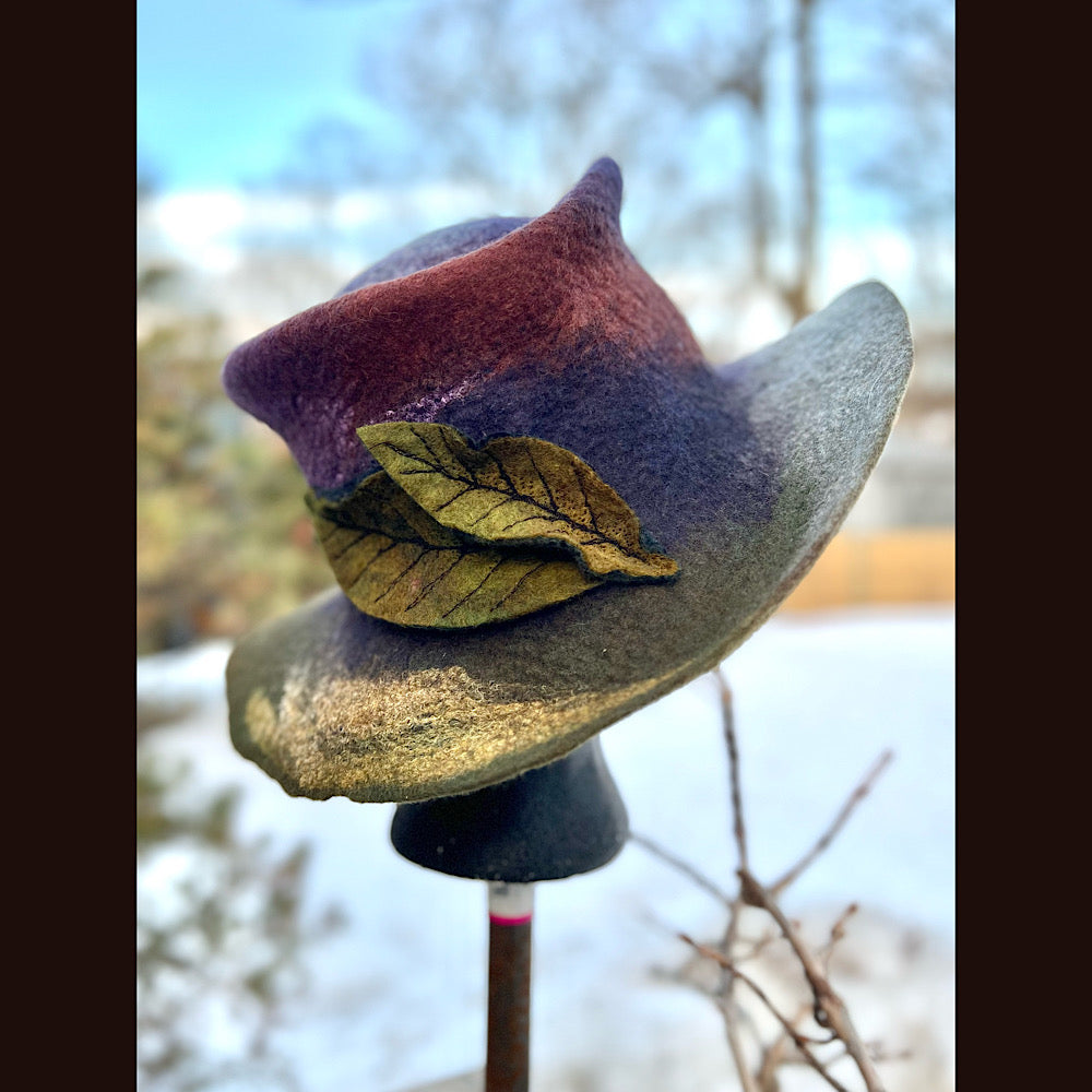 Felted top hat with leaves 23” 1/2 medium