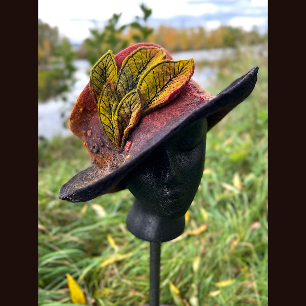 Felted top hat with leaves 23.5” medium