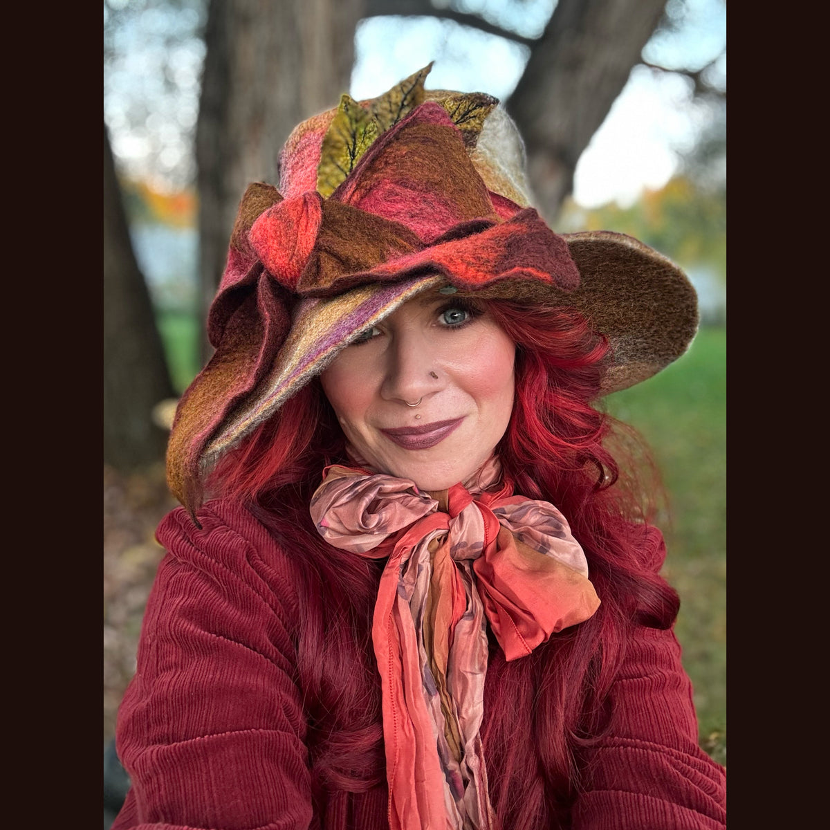 Felted top hat with leaves 23 3/4” medium