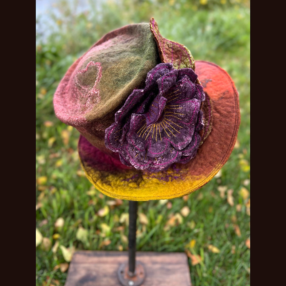 Felted top hat with rose 23.5” medium