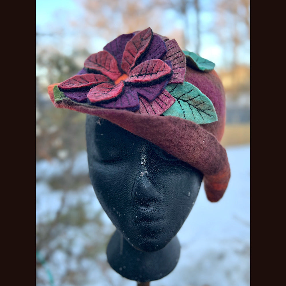 Felted mini cloche hat with flower 22” small