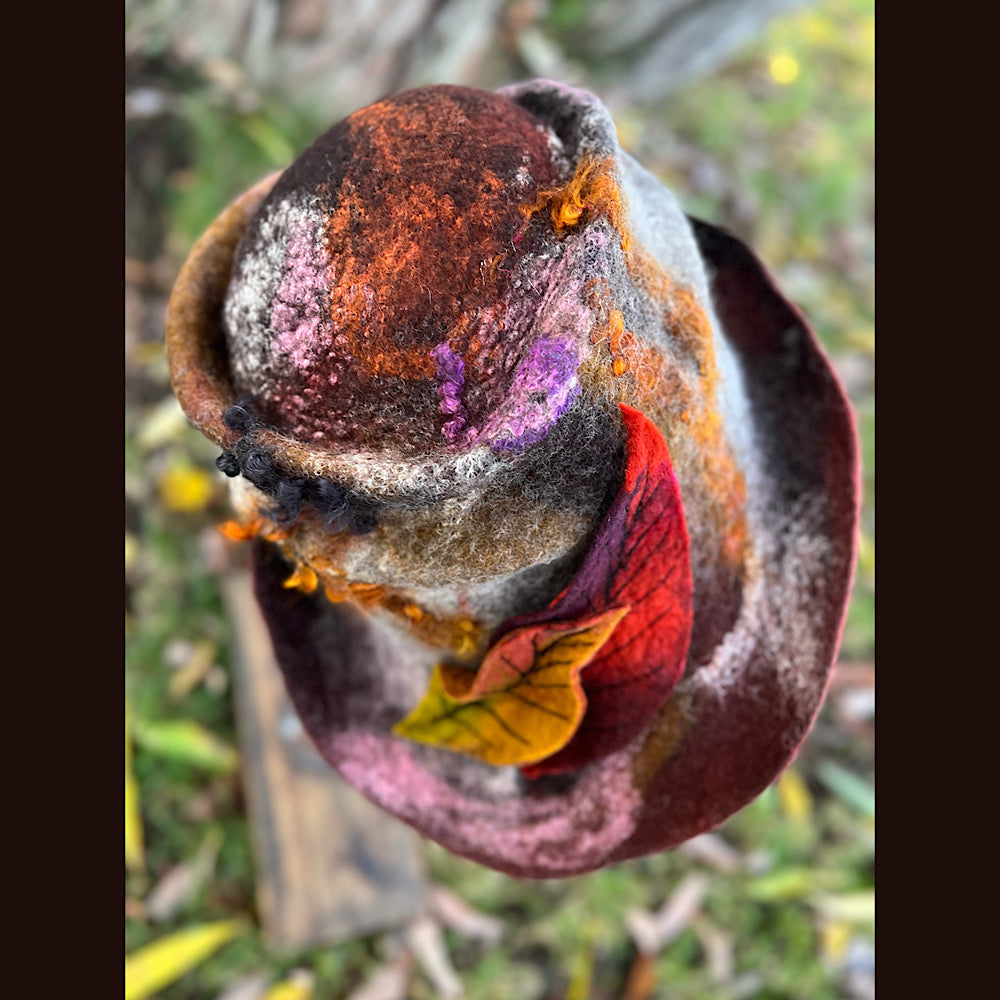 Felted top hat with leaves 24” medium large