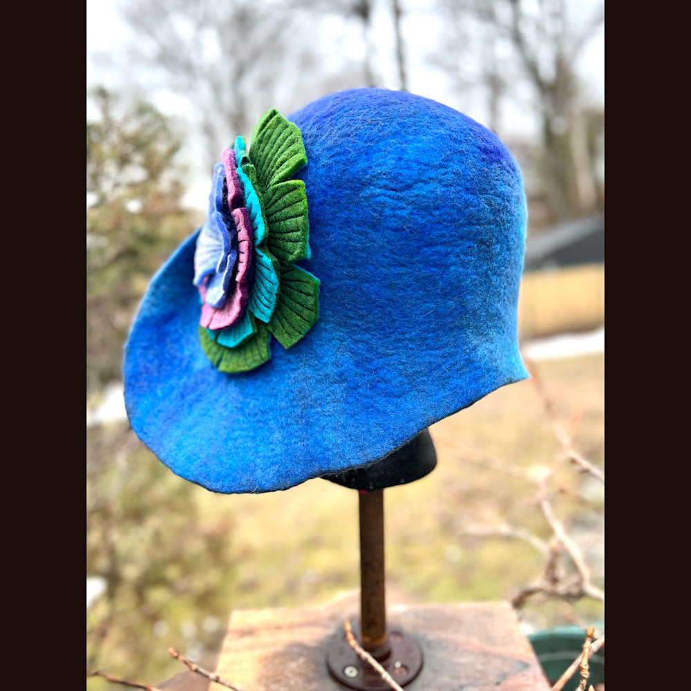 Felted cloche hat with flower 23” 1/2 medium