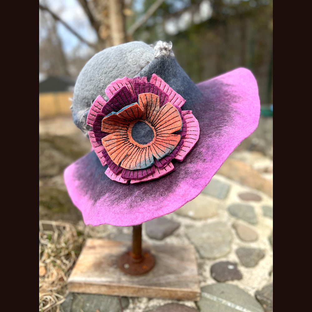 Felted top hat with rose 23” 1/2 medium