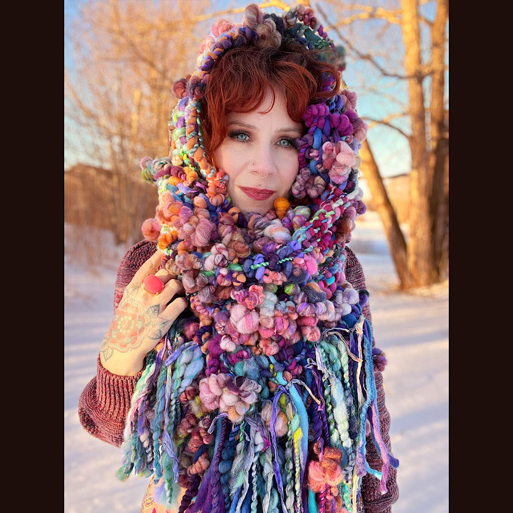 “Glorious innocence “ Woven scarf made of hand spun yarn 84” X 10”