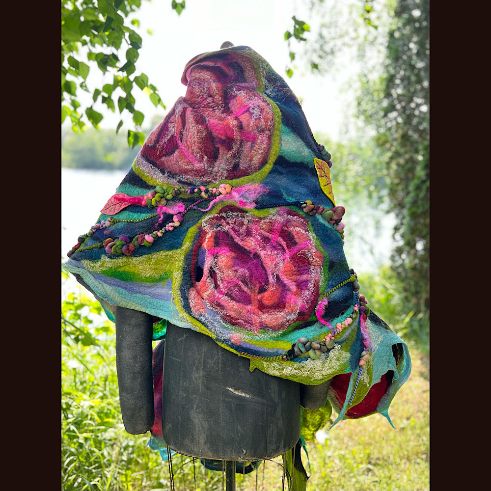Wild Roses Large Felted Shawl 80” X 30”