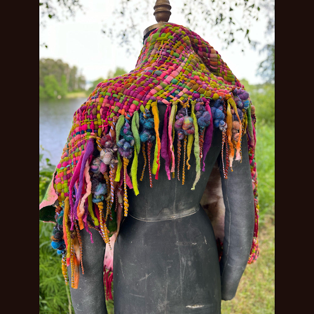 Woven shawl with felted rose 70” X 25”