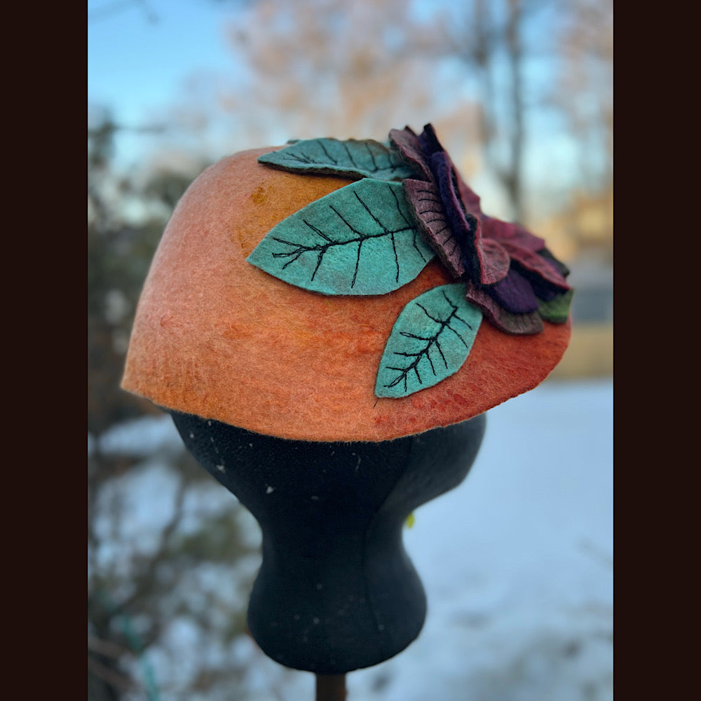 Felted mini cloche hat with flower 22” small