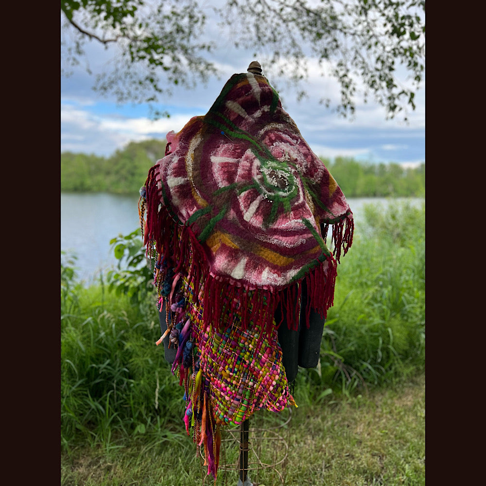Woven shawl with felted rose 70” X 25”