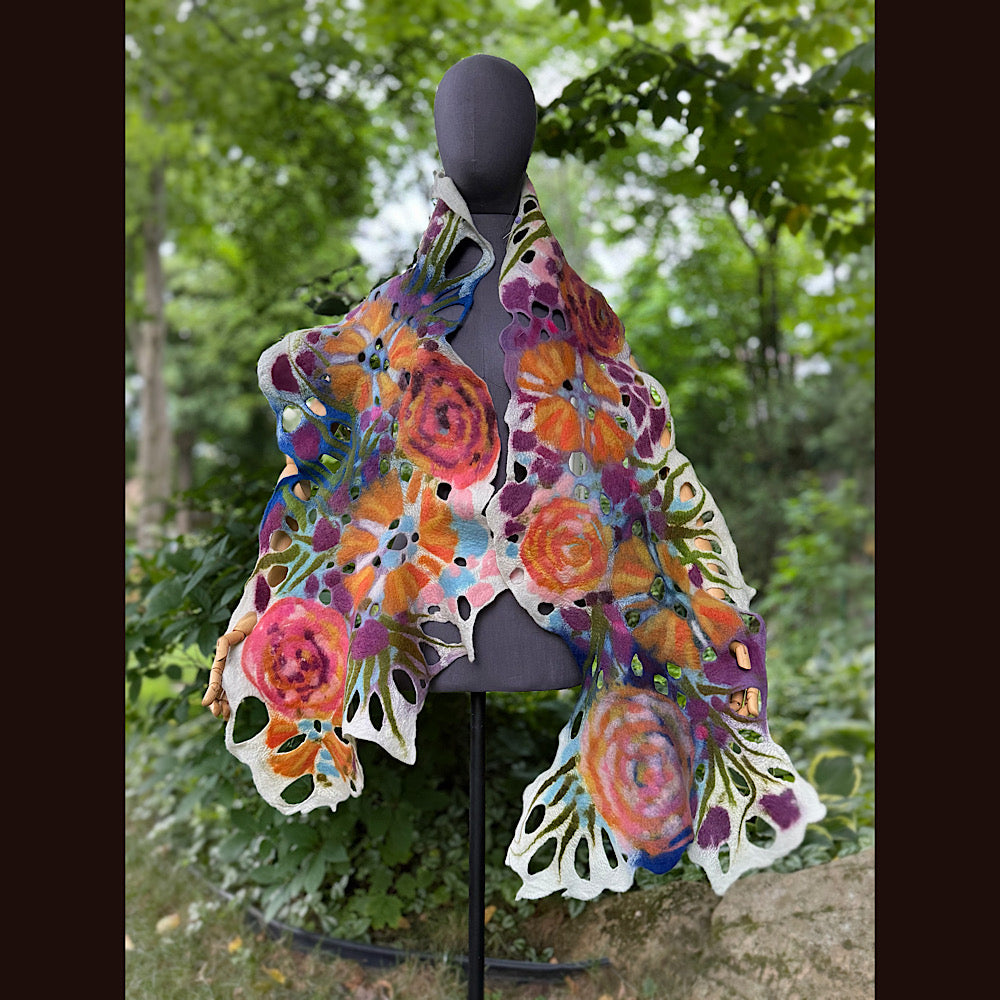 OOAK Handmade wool Felted Scarf 90” X 16” Original art work