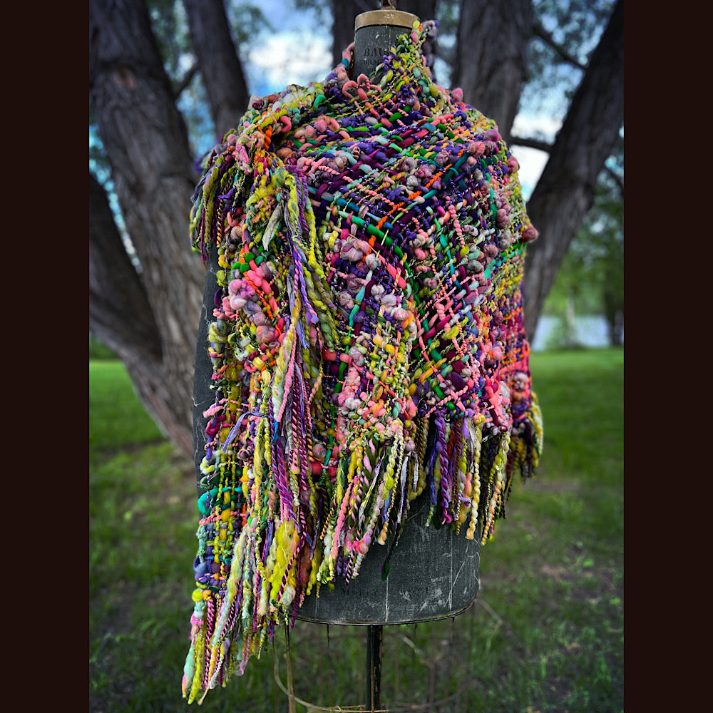 Rainbow warrior Woven shawl 82” X 36” 1 pound