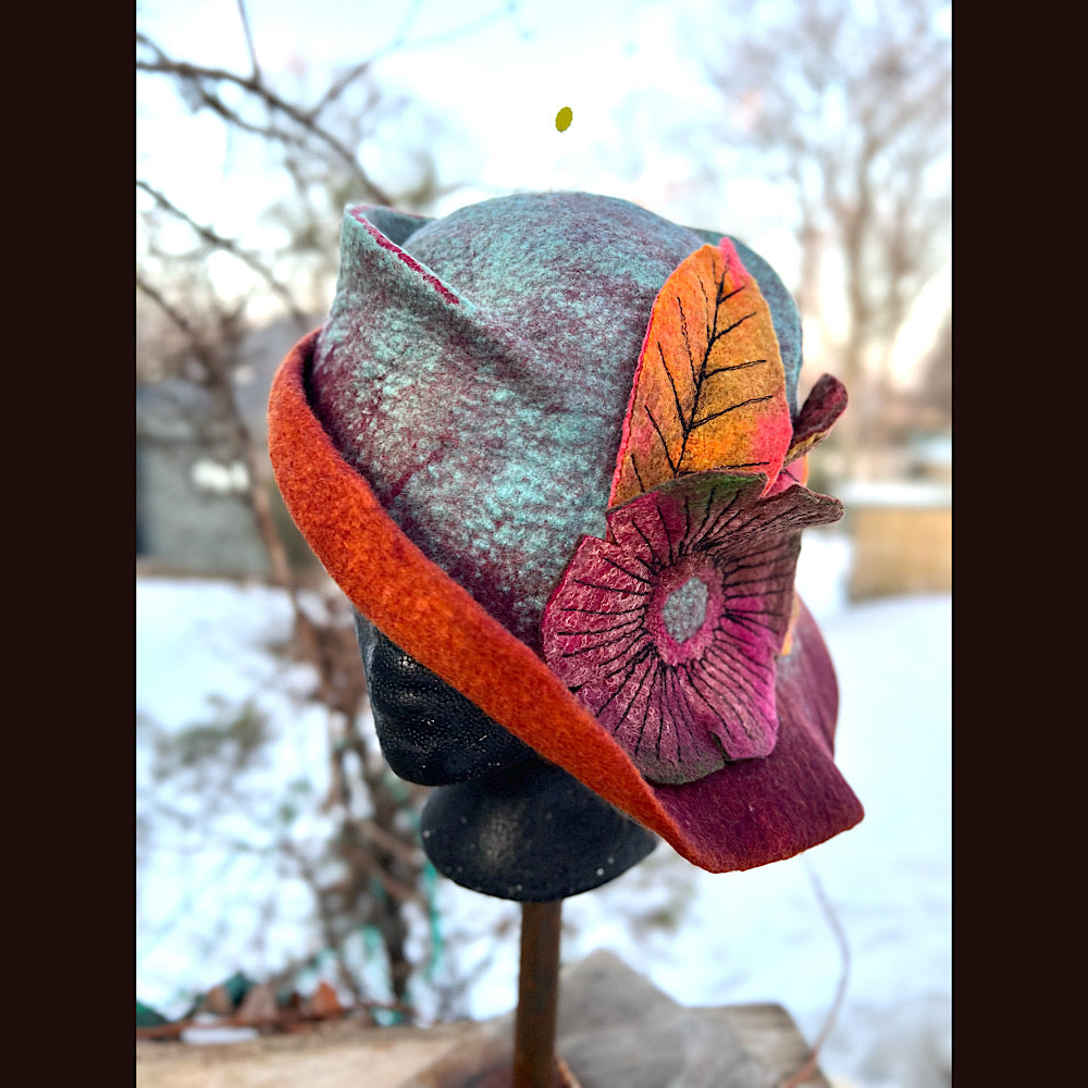 Felted top hat with flower 23” 1/2 medium