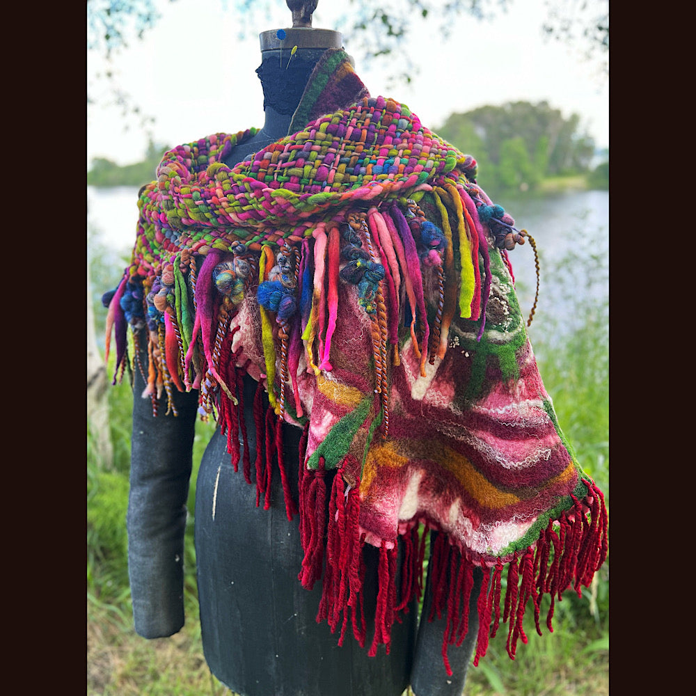 Woven shawl with felted rose 70” X 25”