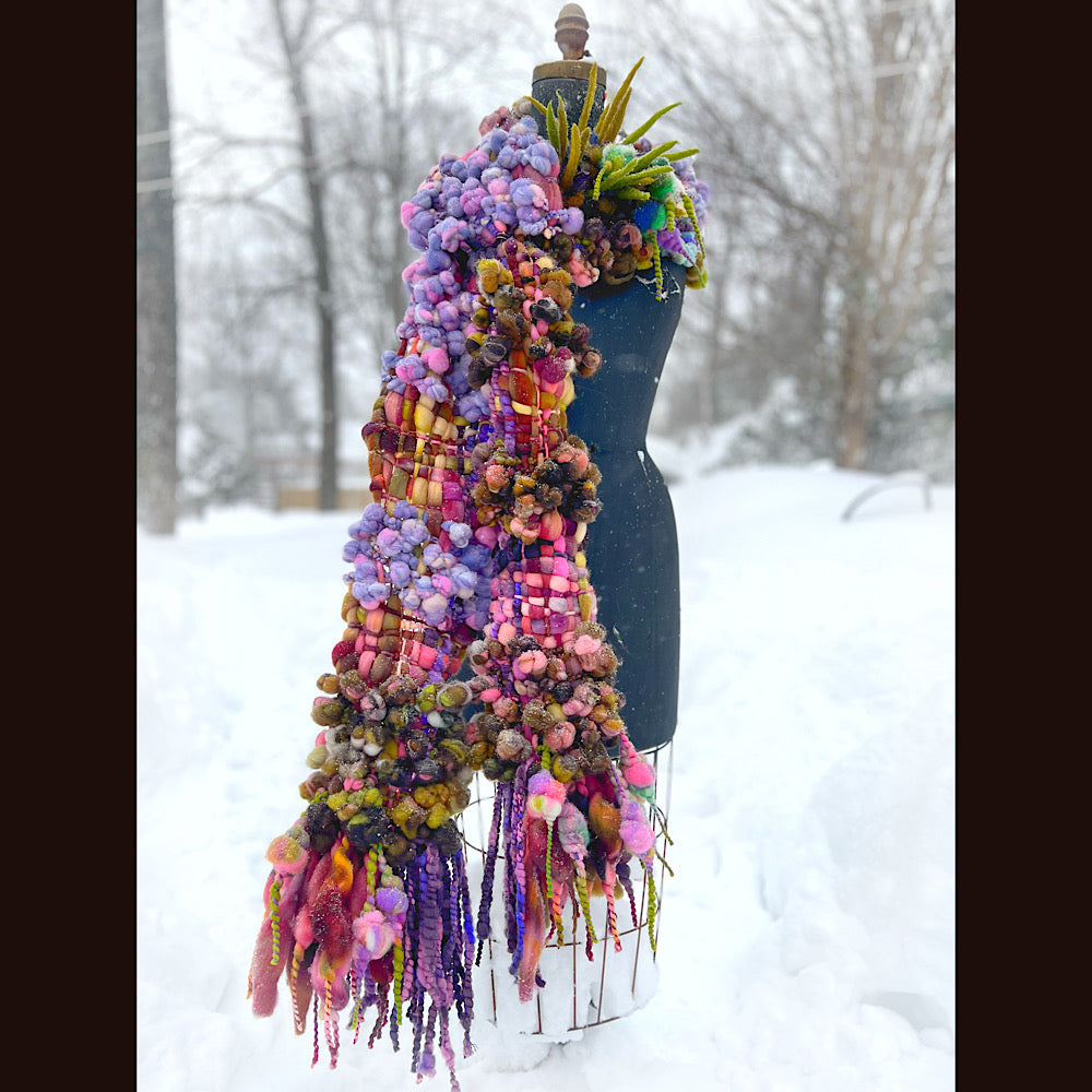 Velvet roses  woven art yarn Scarf 102” X 7 1/2”