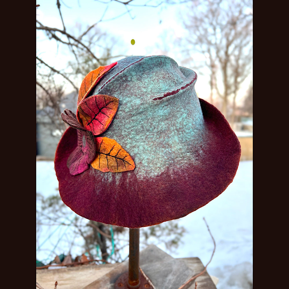 Felted top hat with flower 23” 1/2 medium