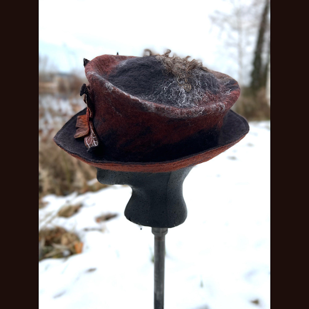 Felted top hat with rose 23” medium