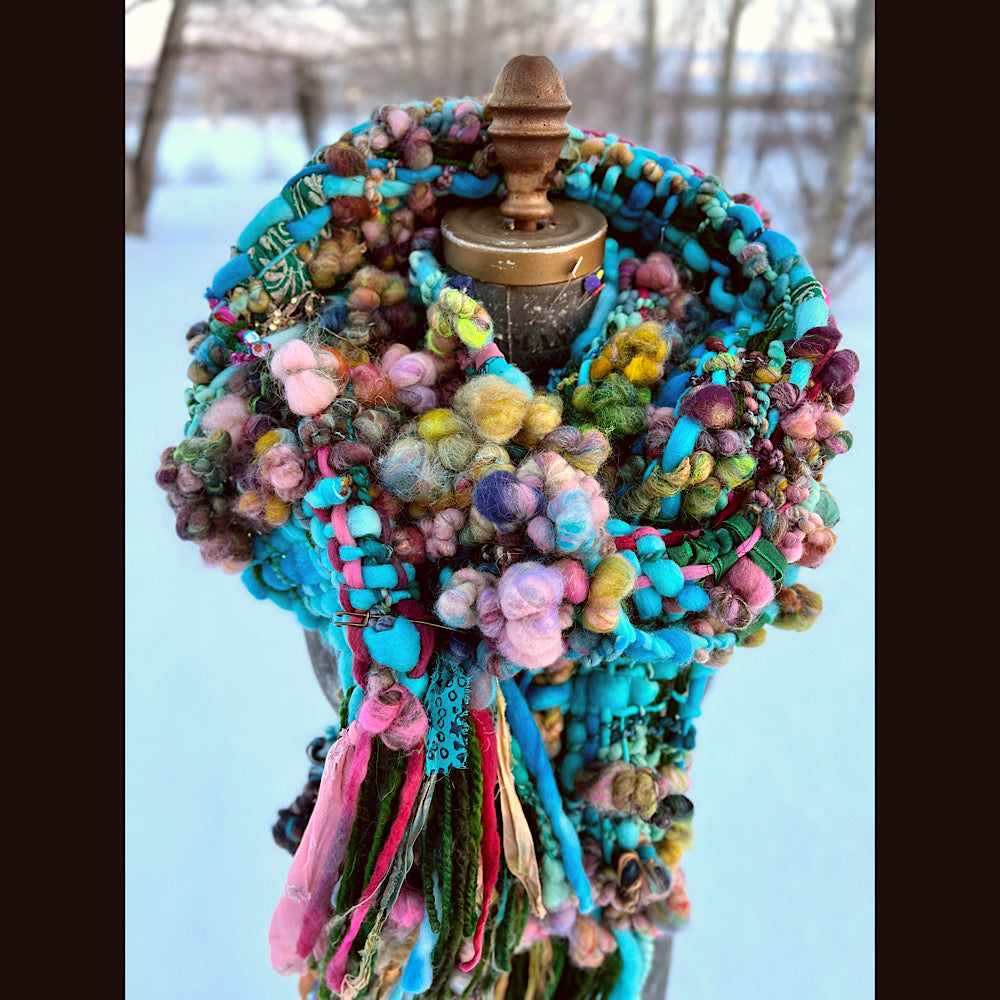 Woven scarf made of hand spun yarn 84” X 10”