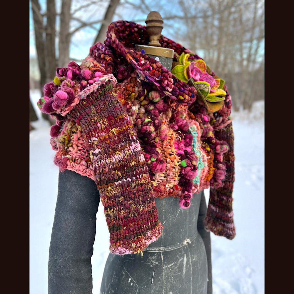 Knitted scarf made of hand spun yarn Flower included 84” X 14”