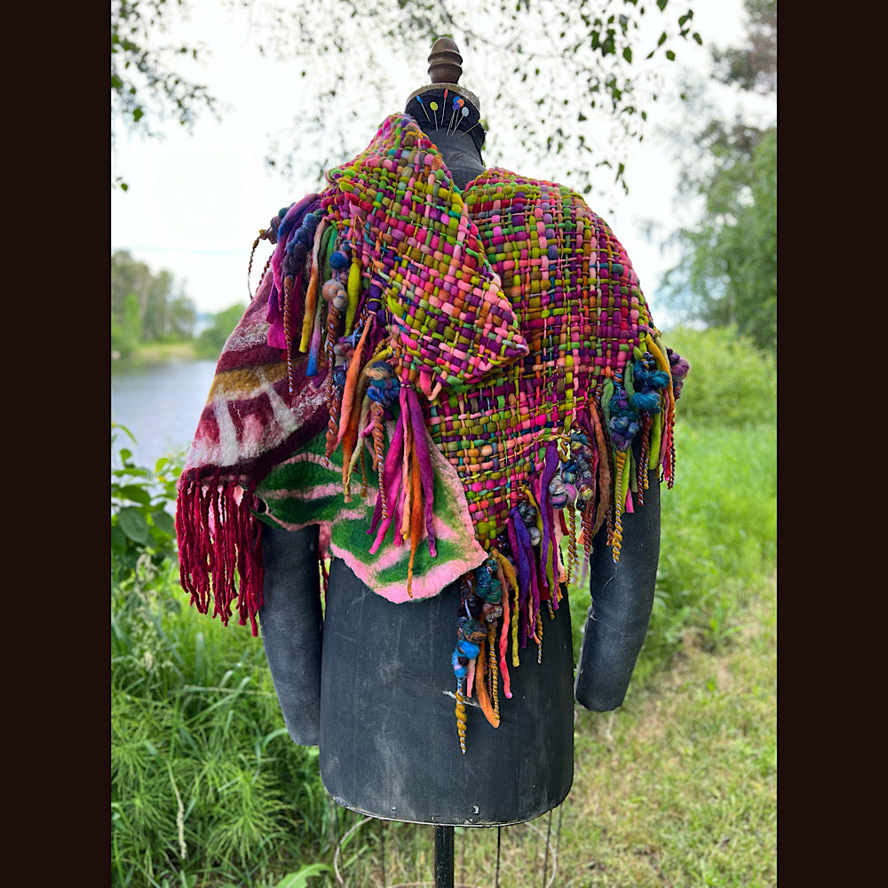 Woven shawl with felted rose 70” X 25”