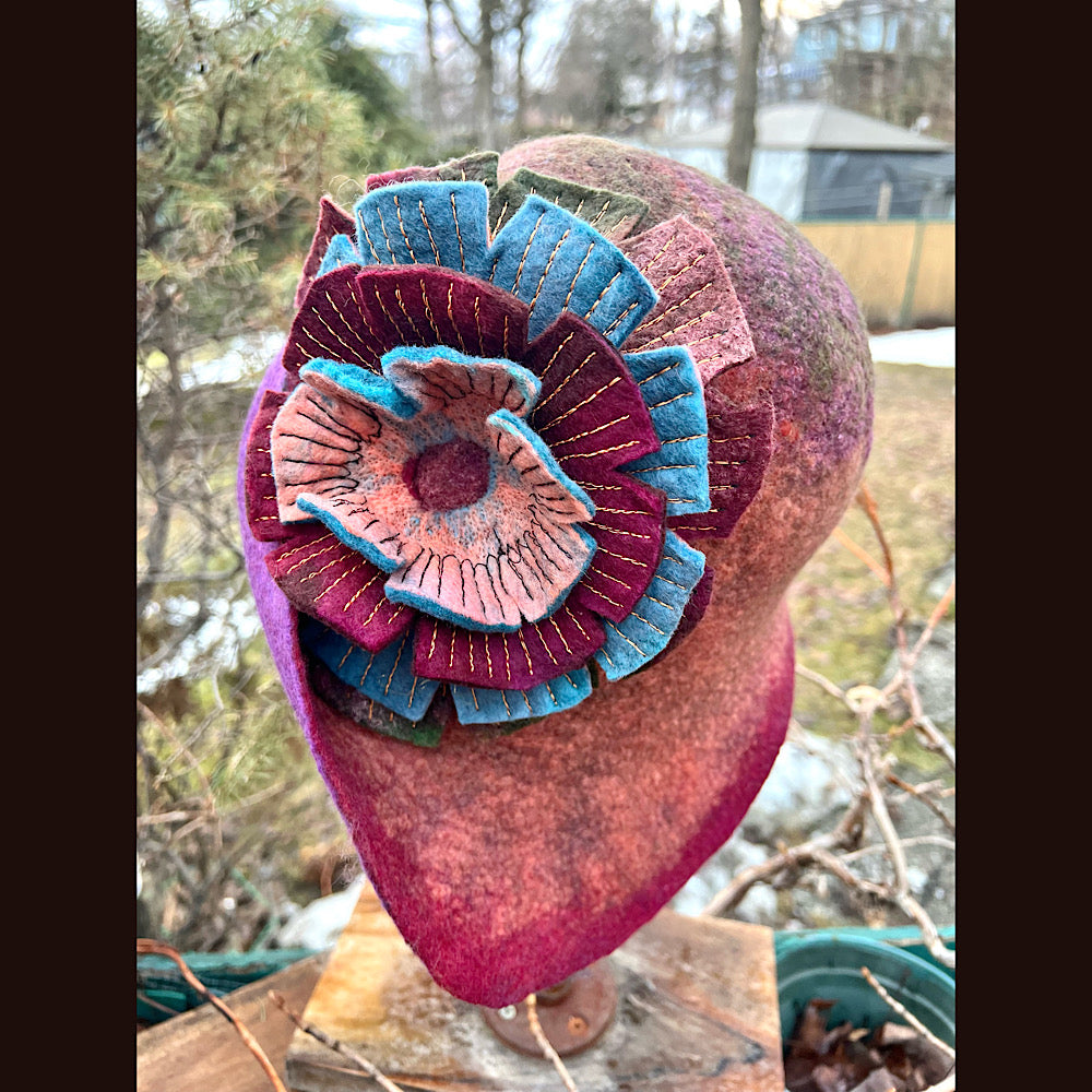 Felted cloche hat with flower 23” 1/2 medium