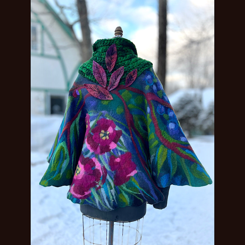 Felted cape coat with crochet collar