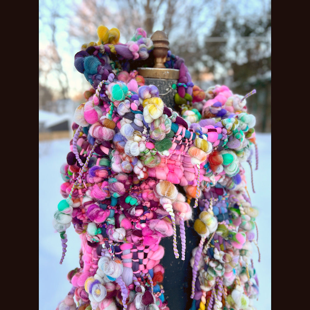 Frosted primroses woven art yarn Scarf 102” X 8” 1.6 pound!