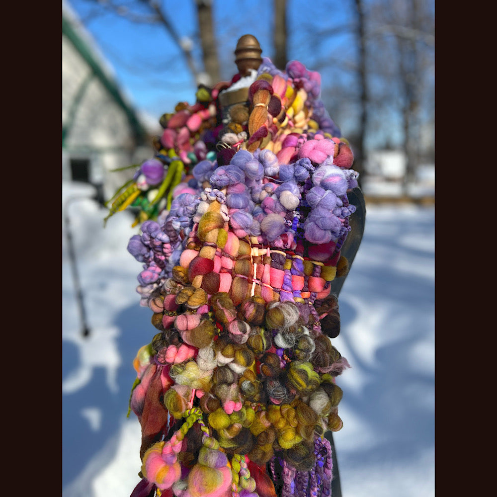 Velvet roses  woven art yarn Scarf 102” X 7 1/2”