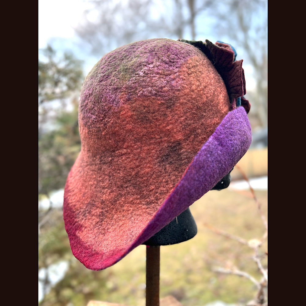 Felted cloche hat with flower 23” 1/2 medium