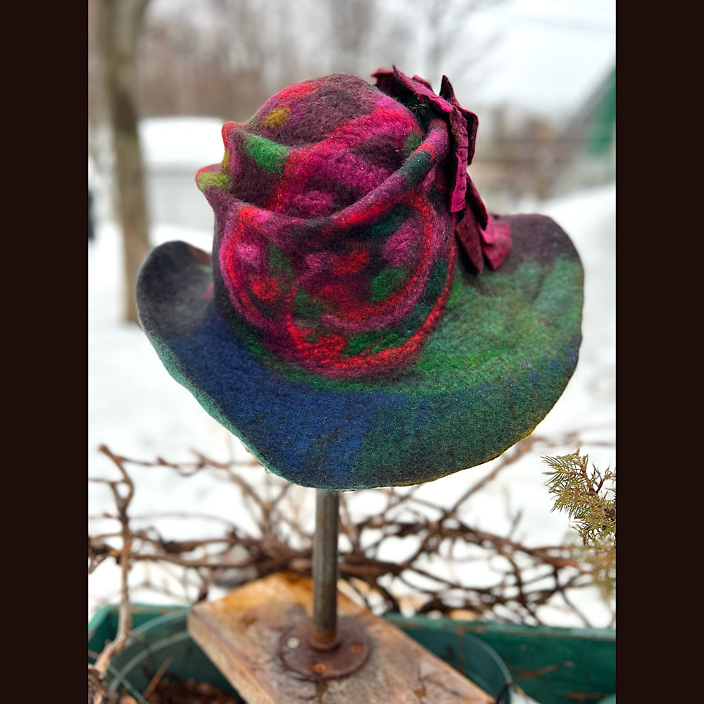 Felted top hat with rose 23” medium