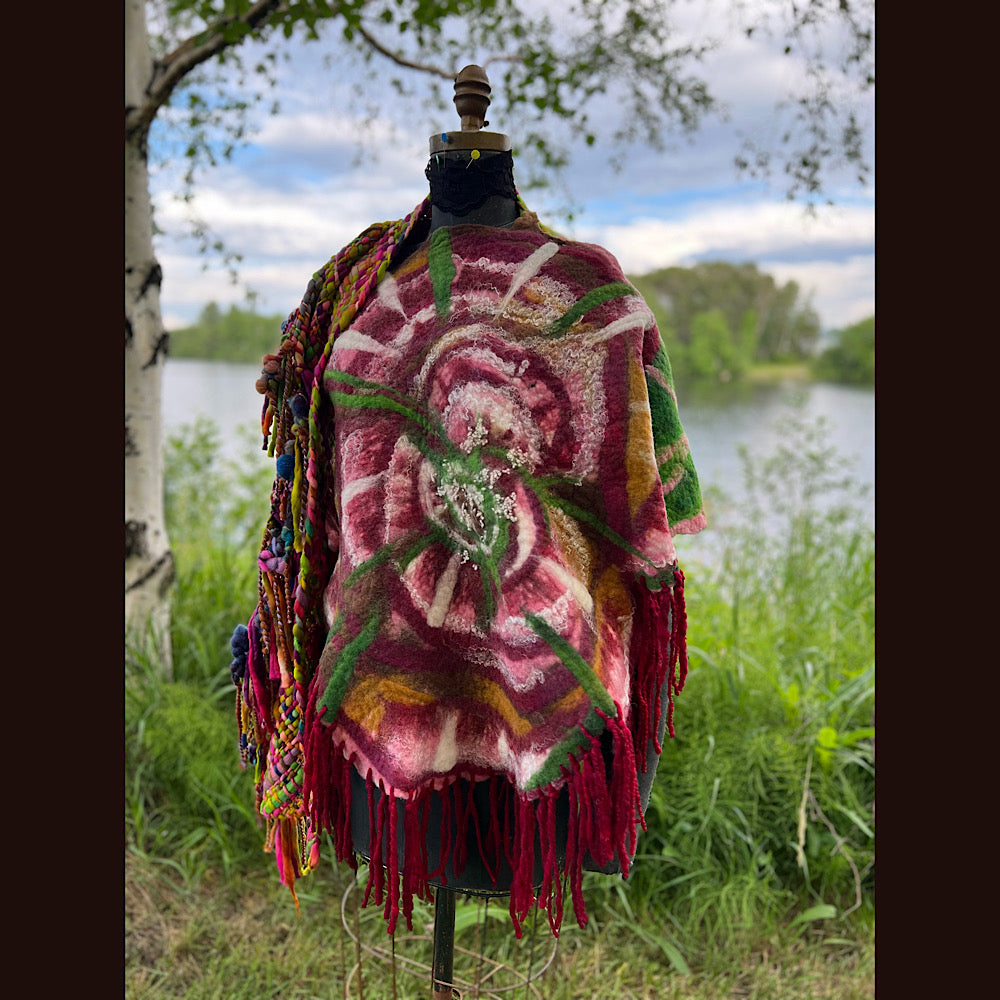 Woven shawl with felted rose 70” X 25”