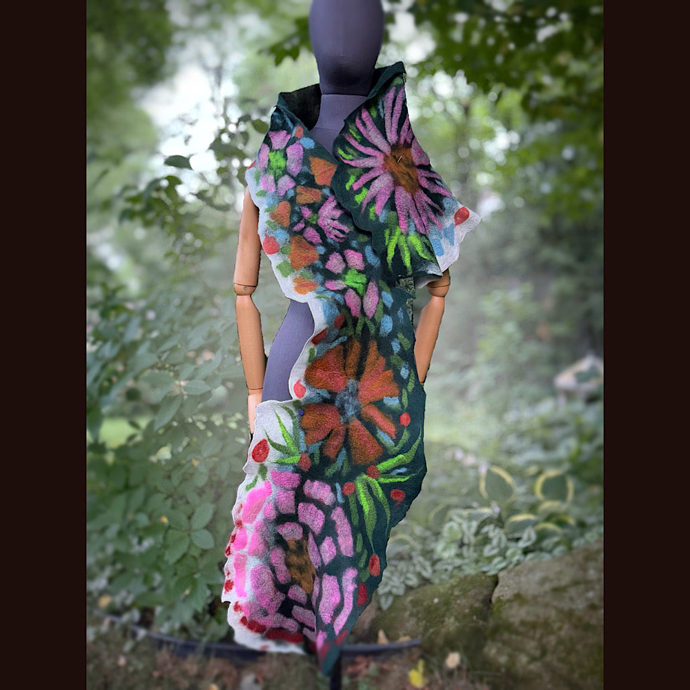 OOAK Handmade wool Felted Scarf 76” X 14”Original art work
