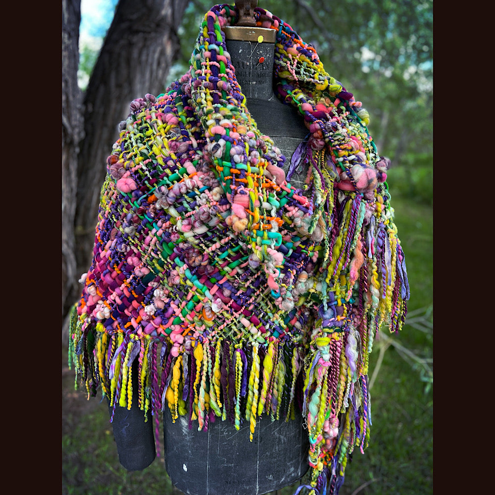 Rainbow warrior Woven shawl 82” X 36” 1 pound
