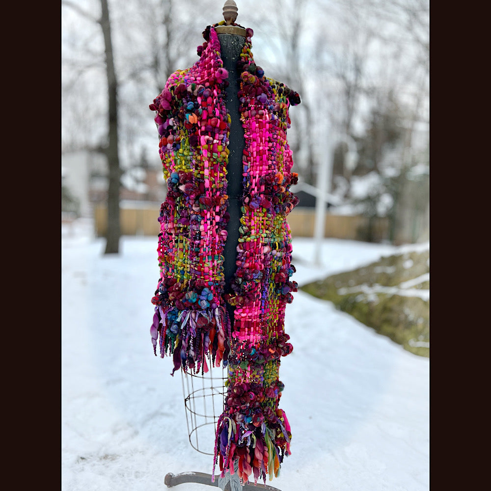 Happiness-  Woven art yarn Scarf 90” X 10”