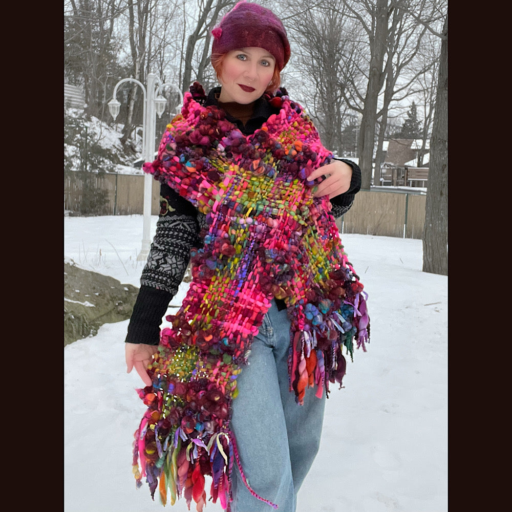 Happiness-  Woven art yarn Scarf 90” X 10”
