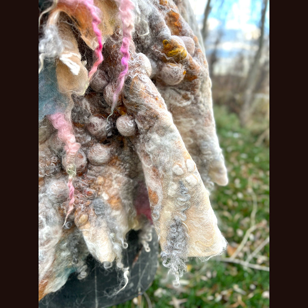 L’Esprit du bois 2024  felted shawl 72” X 22”