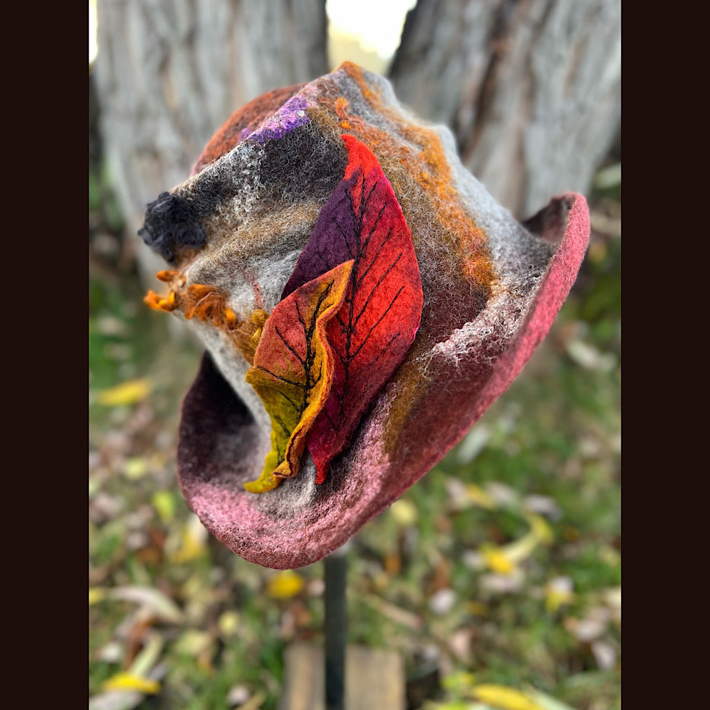 Felted top hat with leaves 24” medium large