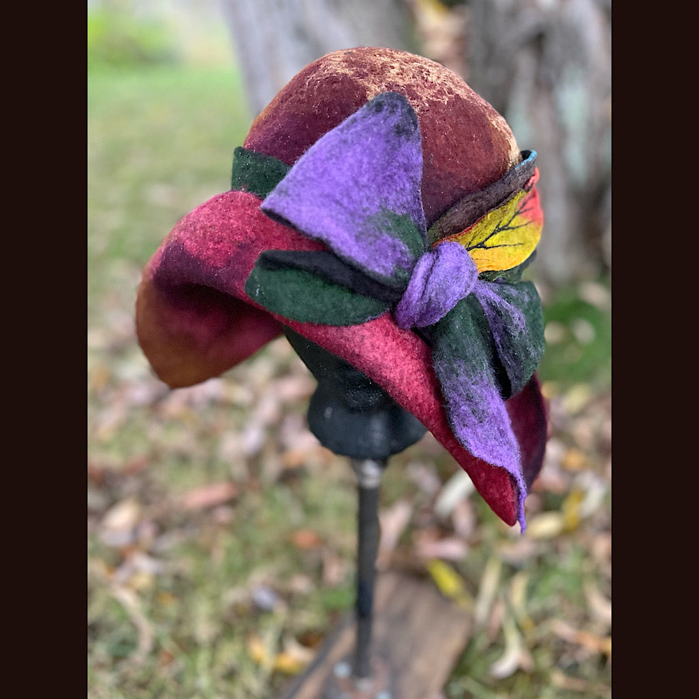 Felted cloche hat with leaves and bow 24” medium large
