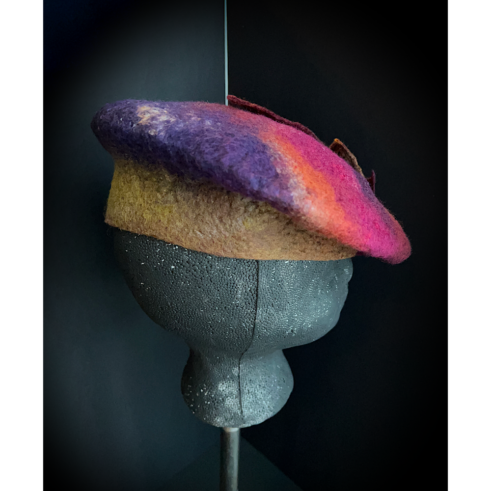 Felted beret with leaves size 22” small