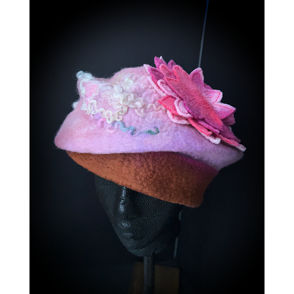 Felted beret hat with rose size 23.5”