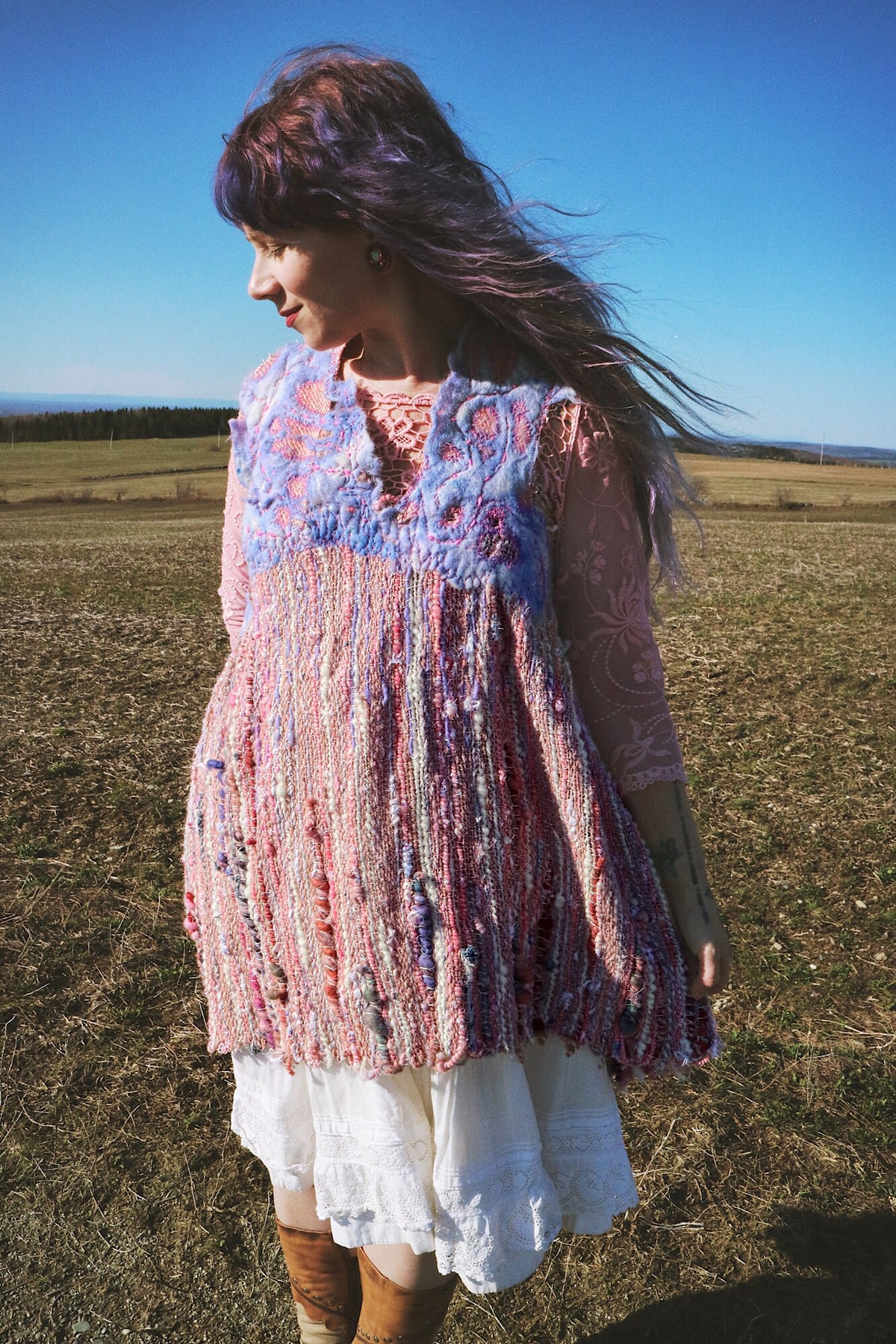 Pink hand woven dress with felt and quilting size medium - Mynoush