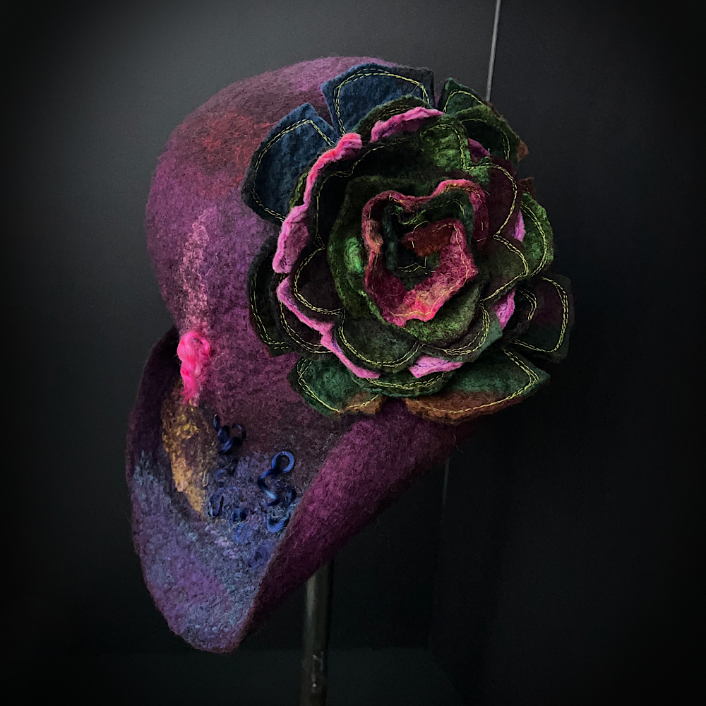 Felted flapper’s hat with rose size 24” large
