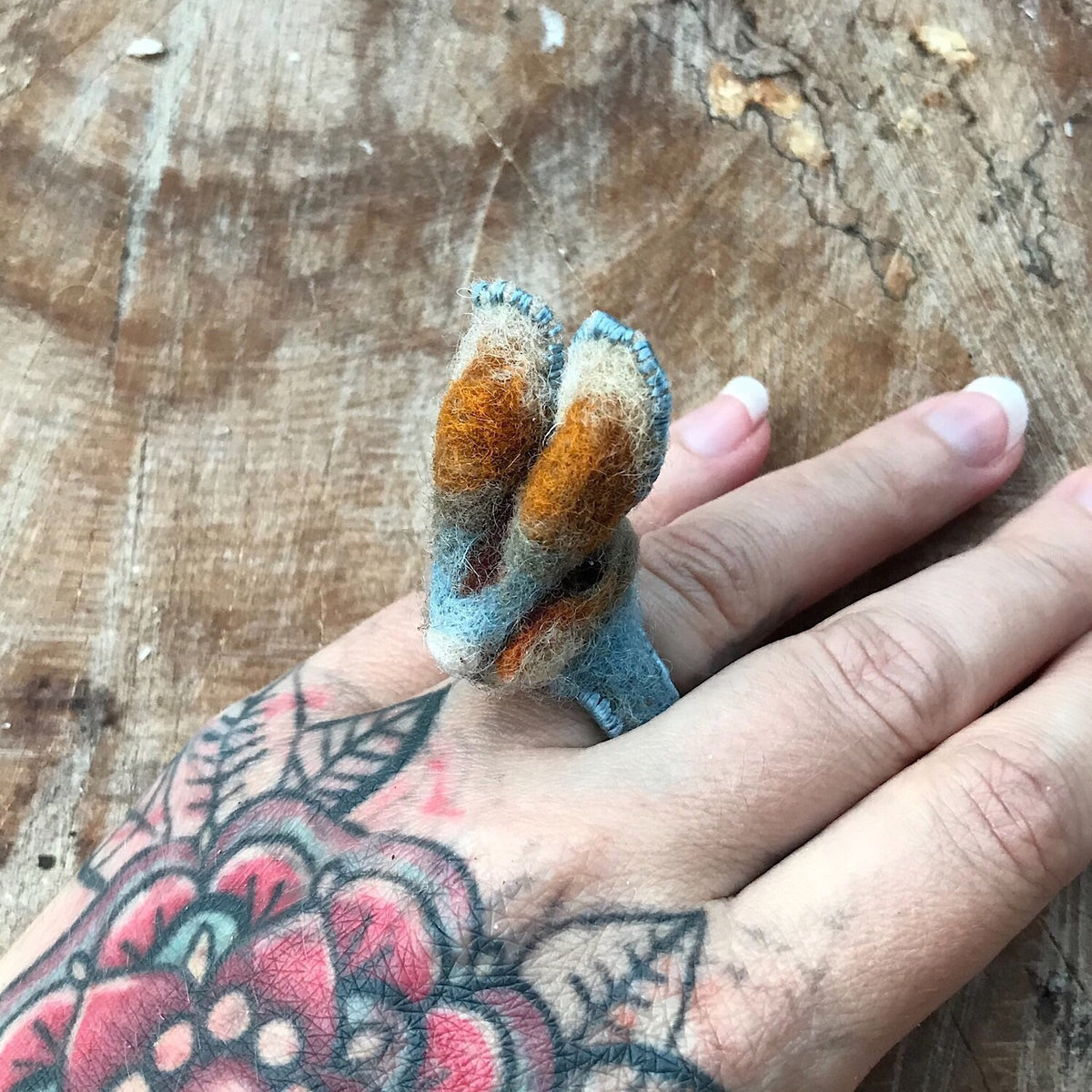 Blue felted bunny ring size 6.5-7.5 - Mynoush