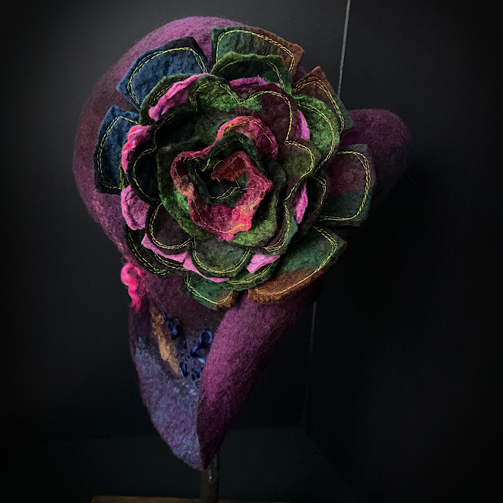 Felted flapper’s hat with rose size 24” large