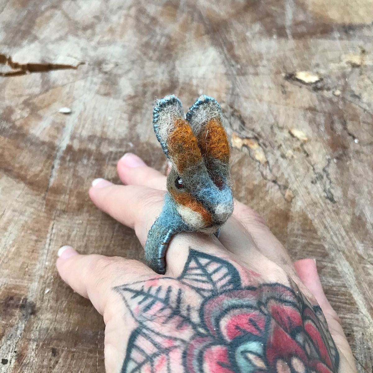 Blue felted bunny ring size 6.5-7.5 - Mynoush